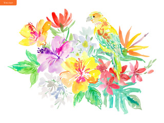 Watercolor Abstract Purple and Yellow Hibiscus flowers, Tropical Foliage, Monstera, and Parrot Vector Illustration. Hand-Painted Tropical Flowers and Birds Clipart for Background Use.