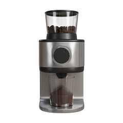 Realistic 3D render of a modern electric coffee grinder in black and silver, with a transparent lid showing roasted coffee beans inside