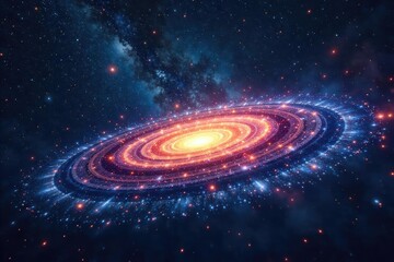 Obraz premium A celestial scene depicting a swirling galaxy resembling a calendar month, stars forming constellations of dates and planetary rings representing the phases of the moon , stardust, spiral, vibrant