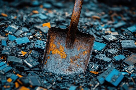 rusty metal shovel resting on a large pile of discarded electronic circuit boards and computer chips symbolizing e-waste and recycling challenges