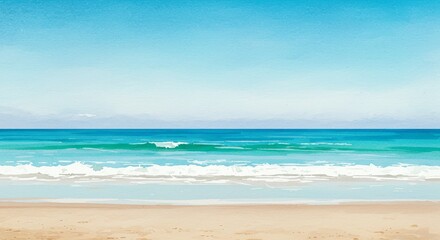 Fototapeta premium Illustration: Tranquil Beach Scene with Blue Sky and Gentle Waves