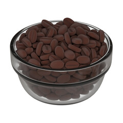 High-resolution 3D illustration of a glass bowl filled with roasted coffee beans