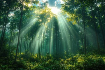 Fototapeta premium Sunlight streaming through tall trees illuminating a lush green forest floor with a serene and peaceful atmosphere