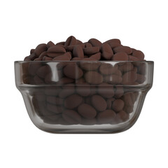 High-resolution 3D illustration of a glass bowl filled with roasted coffee beans