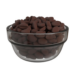 High-resolution 3D illustration of a glass bowl filled with roasted coffee beans