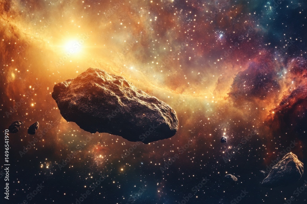 Wall mural asteroid floating through a star-filled space in a vibrant cosmic landscape, asteroid floating throu