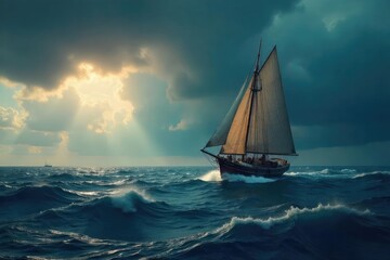 Fototapeta premium A lone sailboat navigates turbulent waters under a dramatic, stormy sky The journey is perilous, yet the vessel presses onward, embodying courage and the spirit of exploration , powerful, sea