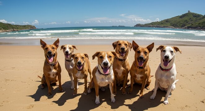 Group of Dogs Posing on Sunny Beach [Photo] - Powered by Adobe