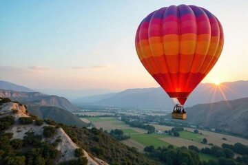 A luxurious gondola-style basket attached to a vibrant hot air balloon, gently floating above a picturesque landscape Perfect for travel, adventure, and luxury imagery , balloon ride, flight, gondola