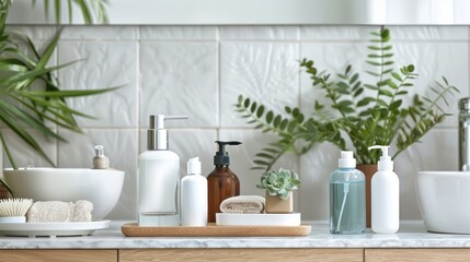 A variety of skin care products arranged on a bathroom counter