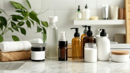 A variety of skin care products arranged on a bathroom counter