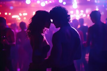 Silhouetted couple embracing closely on a crowded dance floor with colorful blurred lights creating a romantic and intimate atmosphere