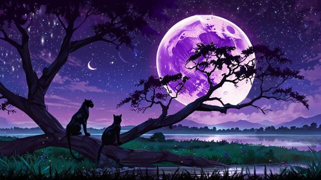Purple night landscape, fantasy forest, purple night with big purple full moon, background. 