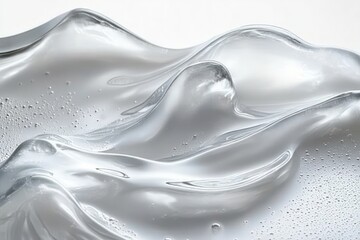 Close-up view of translucent fluid with smooth wave-like shapes and small air bubbles on a reflective surface