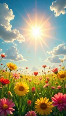 Obraz premium A radiant burst of sunshine illuminates a scene filled with vibrant colors and playful energy, evoking feelings of joy and warmth , sunshine, natural light