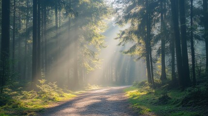 Fototapeta premium Foggy forest path bathed in morning sunbeams with mist and soft shadows creating a mystical and serene atmosphere along a tranquil woodland trail