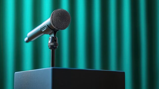 Close-up of a microphone on a stand positioned on a black podium with teal curtains in the background, evoking a sense of anticipation and public speaking - Powered by Adobe
