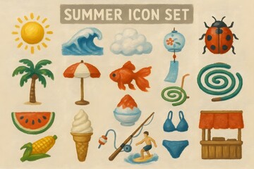 油絵 「夏の手描きアイコンセット｜太陽・波・花火など涼感あふれるイラストコレクション」