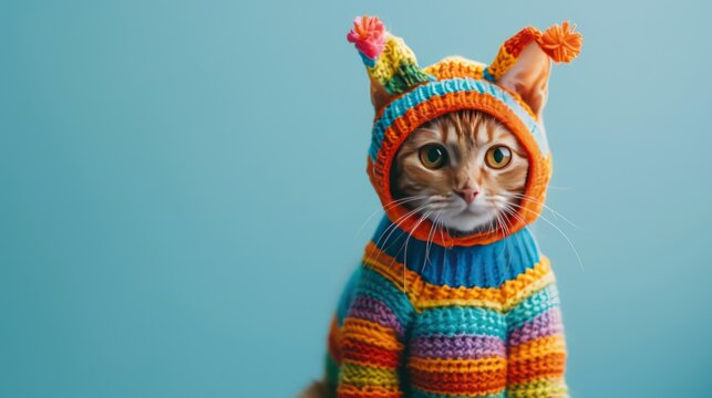A cat dressed up in a humorous costume.