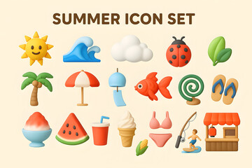 3D立体風　「夏の手描きアイコンセット｜太陽・波・花火など涼感あふれるイラストコレクション」