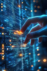 Close-up of a human hand interacting with glowing blue and orange digital code on a futuristic transparent screen, symbolizing technology and data manipulation