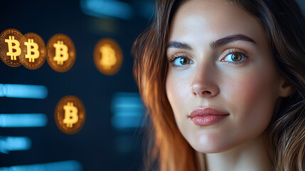 Exploring cryptocurrency trends young woman analyzing bitcoin data in a digital workspace