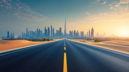 Empty desert highway leading towards a modern city skyline with tall skyscrapers under a golden sunrise sky