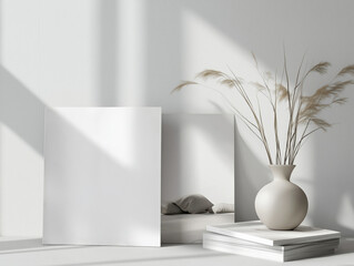 A white vase with brown stems sits on a table next to two white boxes. The vase and boxes are arranged in a way that creates a sense of balance and harmony