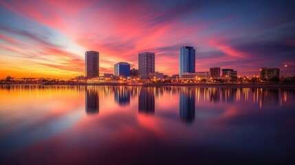 Naklejka premium Serene Sunset Over Urban Cityscape with Vibrant Reflections