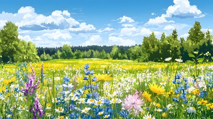 Vibrant, flourishing meadow landscape under a clear sky.