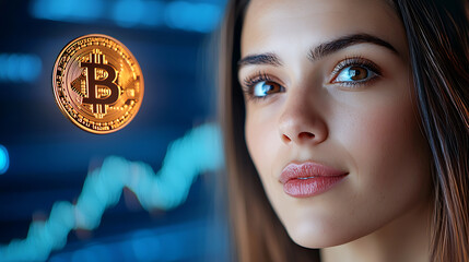 Analyzing bitcoin trends young female investor cryptocurrency market digital finance urban setting close-up economic insights
