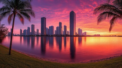 Urban Sunrise over Waterfront with Skyscrapers and Palm Trees