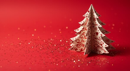 Origami Christmas Tree on Red Background Festive Decoration