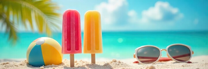 A vibrant summer scene featuring a refreshing popsicle melting in the sun, next to a beach ball and sunglasses  Perfect for summer, vacation, and travel themes , outdoor, bright