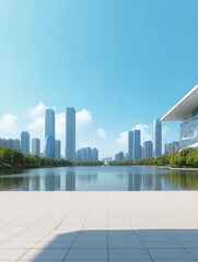 Modern Cityscape with Skyscrapers and Reflective Water Body