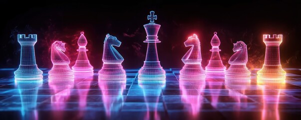 Illuminated glowing neon wireframe chess pieces arranged on reflective chessboard with contrasting blue and orange lighting creating a futuristic atmosphere