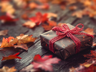 A black box with a red ribbon sits on a wooden table covered in autumn leaves. The box is wrapped in a shiny paper and has a bow on top. Concept of warmth and coziness, as the box