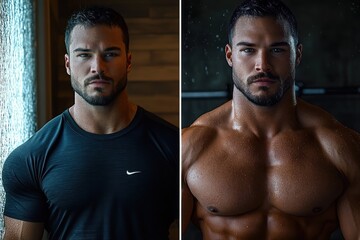 Portraits of a muscular man showing intense and confident expressions, one wearing a tight black sports shirt and the other shirtless with water droplets on skin