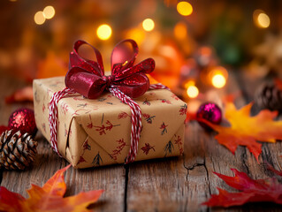 A brown box with a red bow on top of a wooden table. The box is decorated with a Christmas tree design and surrounded by autumn leaves