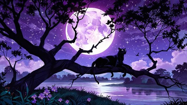 Fantasy forest of purple night with a black panther