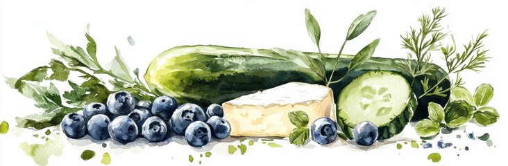 Fresh cucumbers and blueberries with herbs displayed artfully.