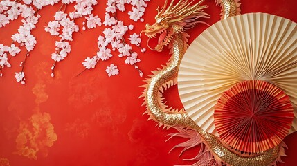 Gold dragon and paper fans on a red background with cherry blossoms.