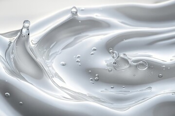 Close-up of a smooth, reflective liquid surface with rising droplets and soft light reflections creating a serene and flowing texture