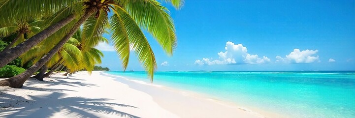 Fototapeta premium Serene turquoise water laps a pristine white sand beach under a vibrant blue sky, palm trees swaying gently in the warm breeze Paradise found , nature, shore, ocean view