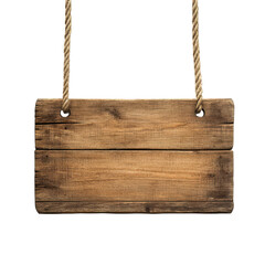 Rustic wooden signboard hanging with jute rope on a transparent background for creative design needs, Hanging Wooden Signboard On Transparen tBackground, white background