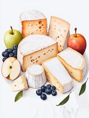 Cheese platter with fruits and assorted cheeses.