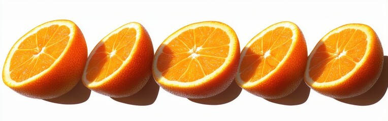 Row of five fresh orange halves with bright vibrant color casting shadows on white background conveying freshness and summer mood