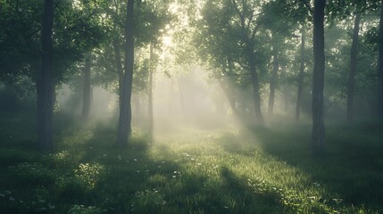 Obraz premium Sunlight streams through a misty forest.