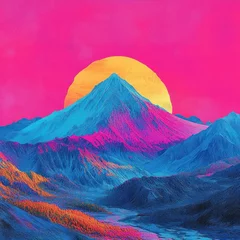Fototapete Rund vivid multicolored mountain landscape with bright pink sky and large yellow sun at sunset or sunrise © littlekid