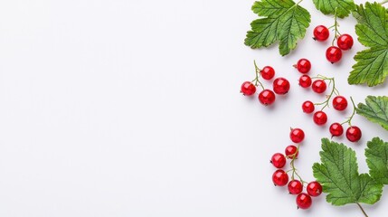 Fresh red berries and green leaves on a light background.
